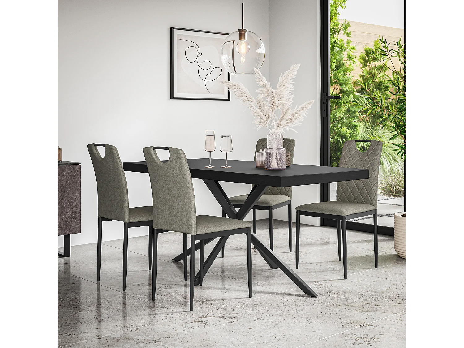 Donni Dining Table And Chairs -  Black Table Top w Black Legs + Monza Linen Dining Chair Set Of 4