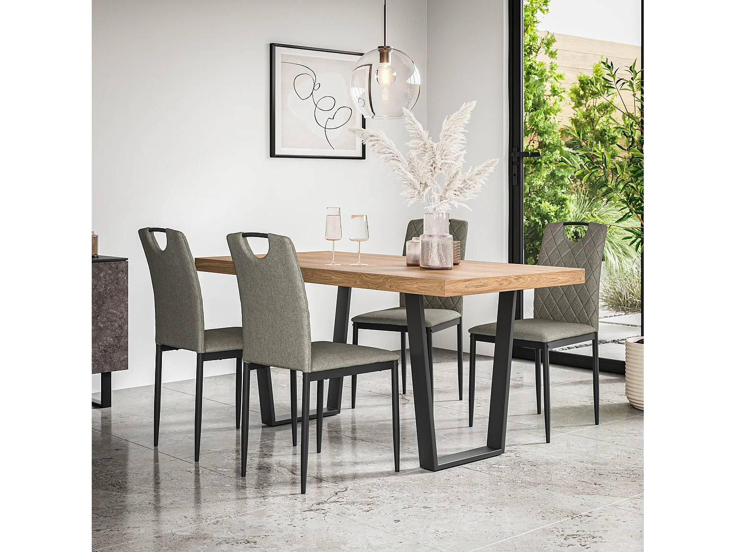 Aria Dining Table And Chairs -  Oak Effect Table Top w Black Legs + Monza Linen Dining Chair Set Of 4