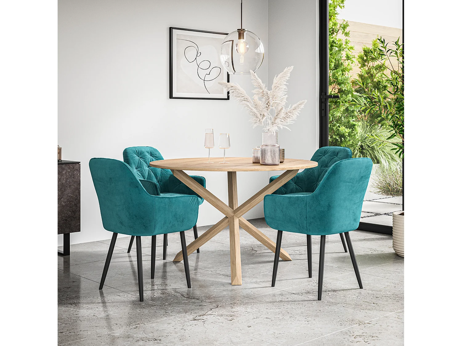 Malvern Round Dining Table And Chairs -  Oak Table Top w Solid Oak Legs + Anika Velvet Dining Chair Set Of 4