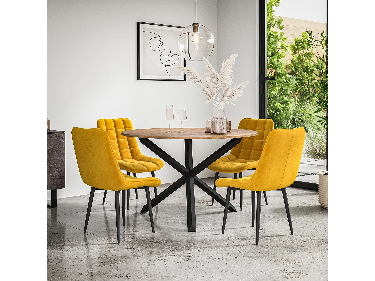 Malvern Round Dining Table And Chairs -  Oak Table Top w Solid Oak Black Legs + Nova Velvet Dining Chair Set Of 4