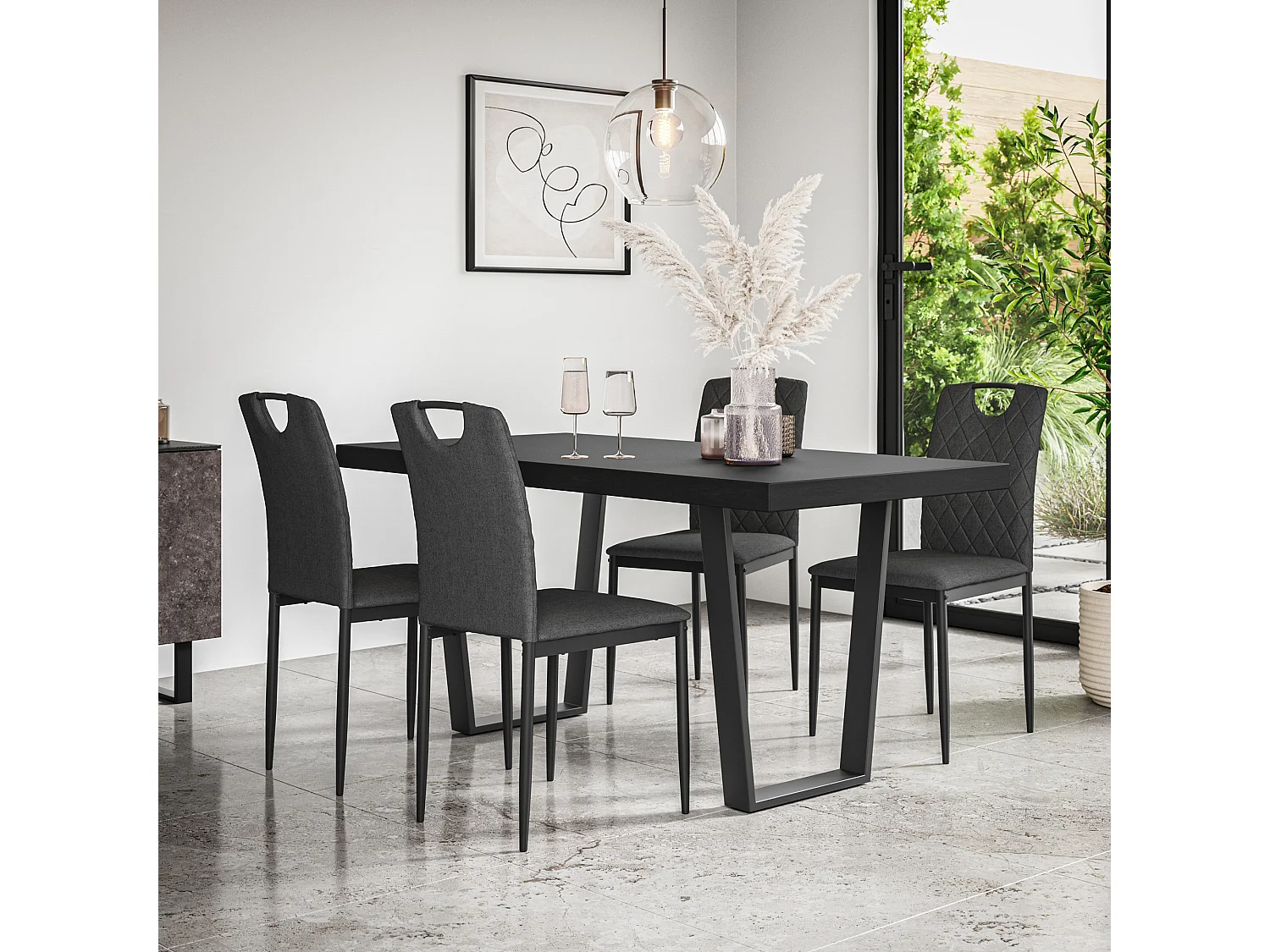 Aria Dining Table And Chairs -  Black Table Top w Black Legs + Monza Linen Dining Chair Set Of 4