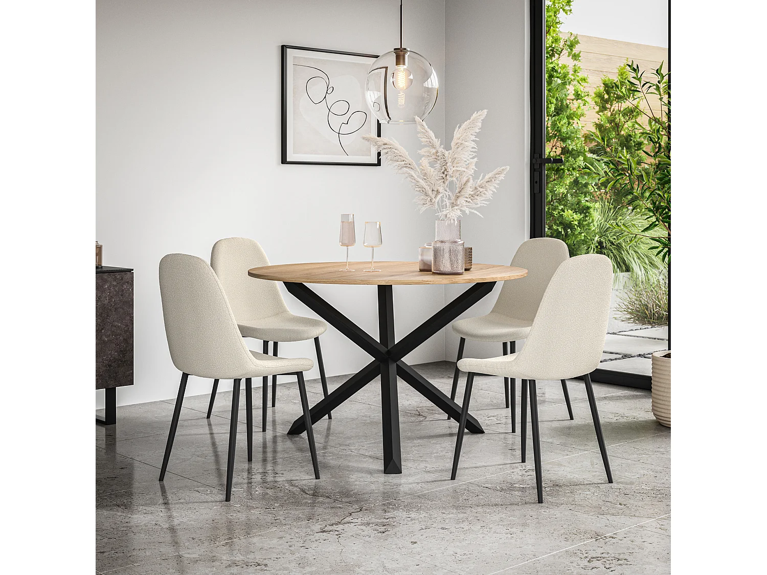 Malvern Round Dining Table And Chairs -  Oak Table Top w Solid Oak Black Legs + Maya Boucle Dining Chair Set Of 4