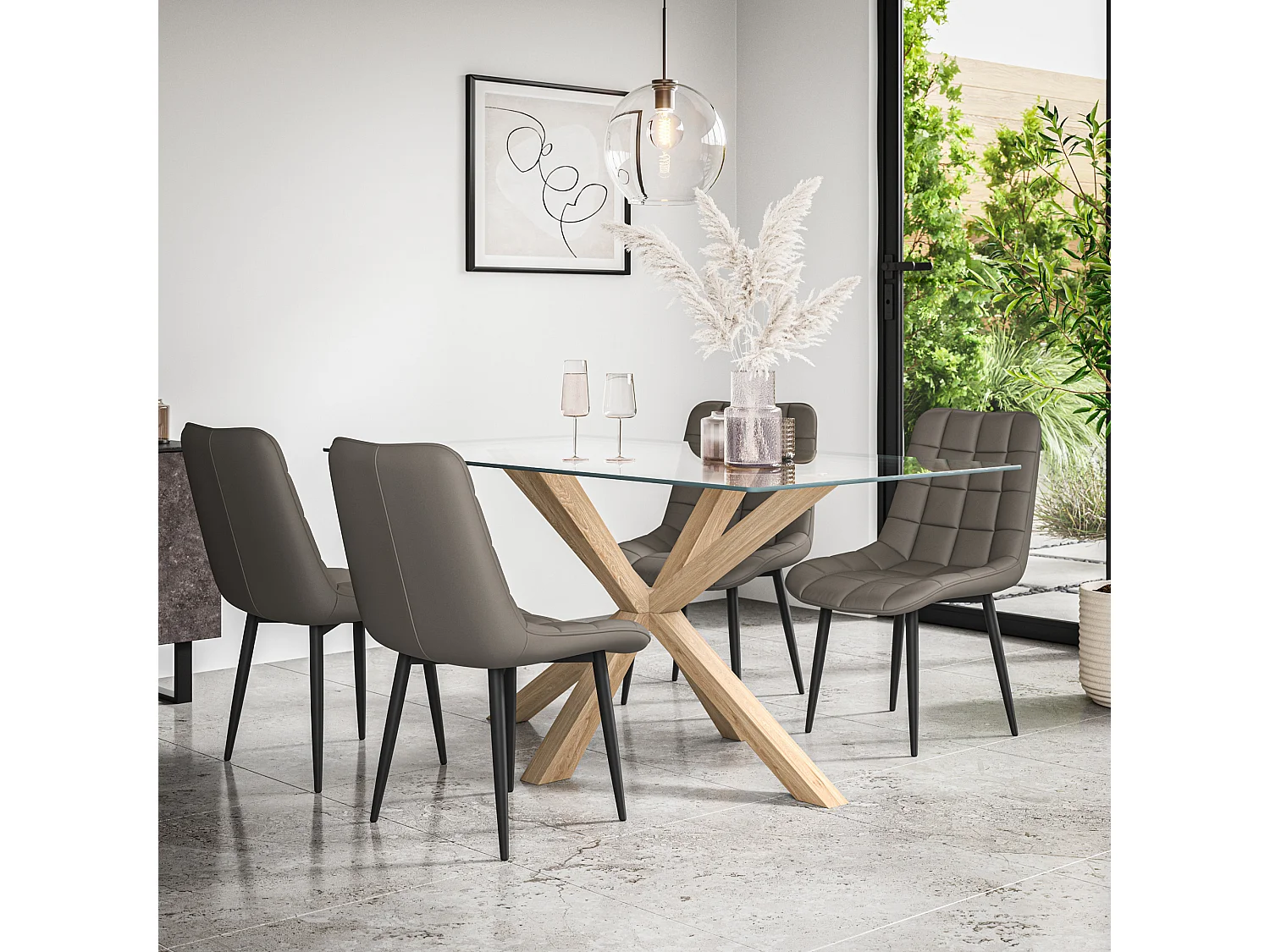 Etta Glass Dining Table And Chairs - Glass Top w Solid Oak Legs + Nova Faux Leather Dining Chair Set Of 4