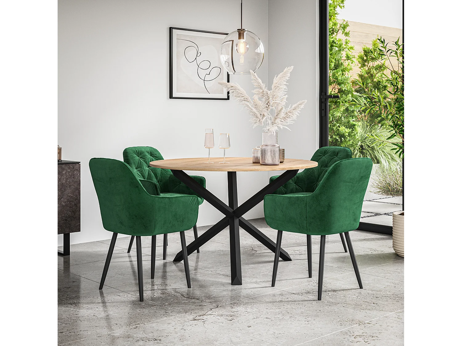 Malvern Round Dining Table And Chairs -  Oak Table Top w Solid Oak Black Legs + Anika Velvet Dining Chair Set Of 4