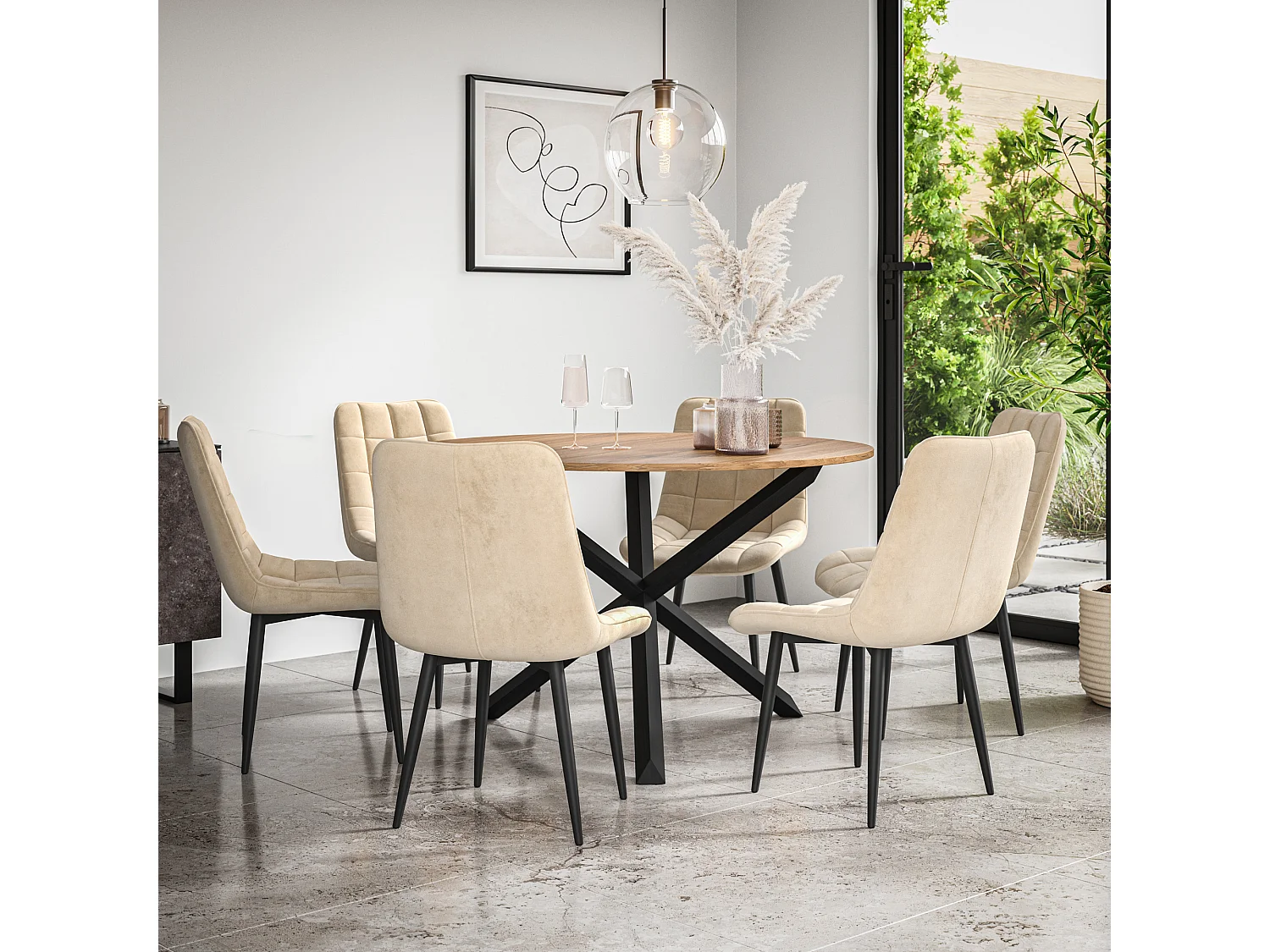 Malvern Round Dining Table And Chairs -  Oak Table Top w Solid Oak Black Legs + Nova Velvet Dining Chair Set Of 6