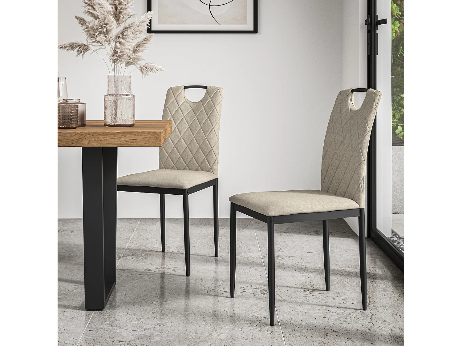 Malvern Round Dining Table And Chairs -  Marble Table Top w Solid Oak Legs + Monza Fabric Dining Chair Set Of 4