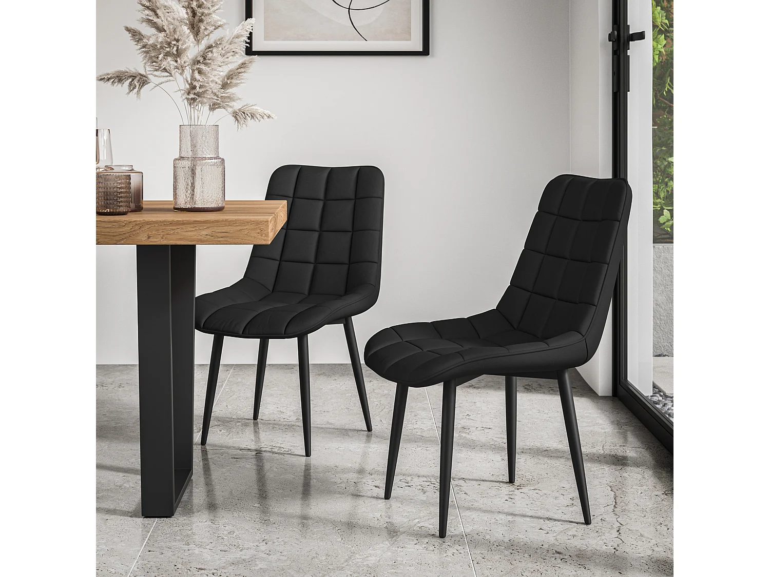 Malvern Round Dining Table And Chairs -  Clear Glass Table Top w Solid Oak Legs + Nova Faux Leather Dining Chair Set Of 4