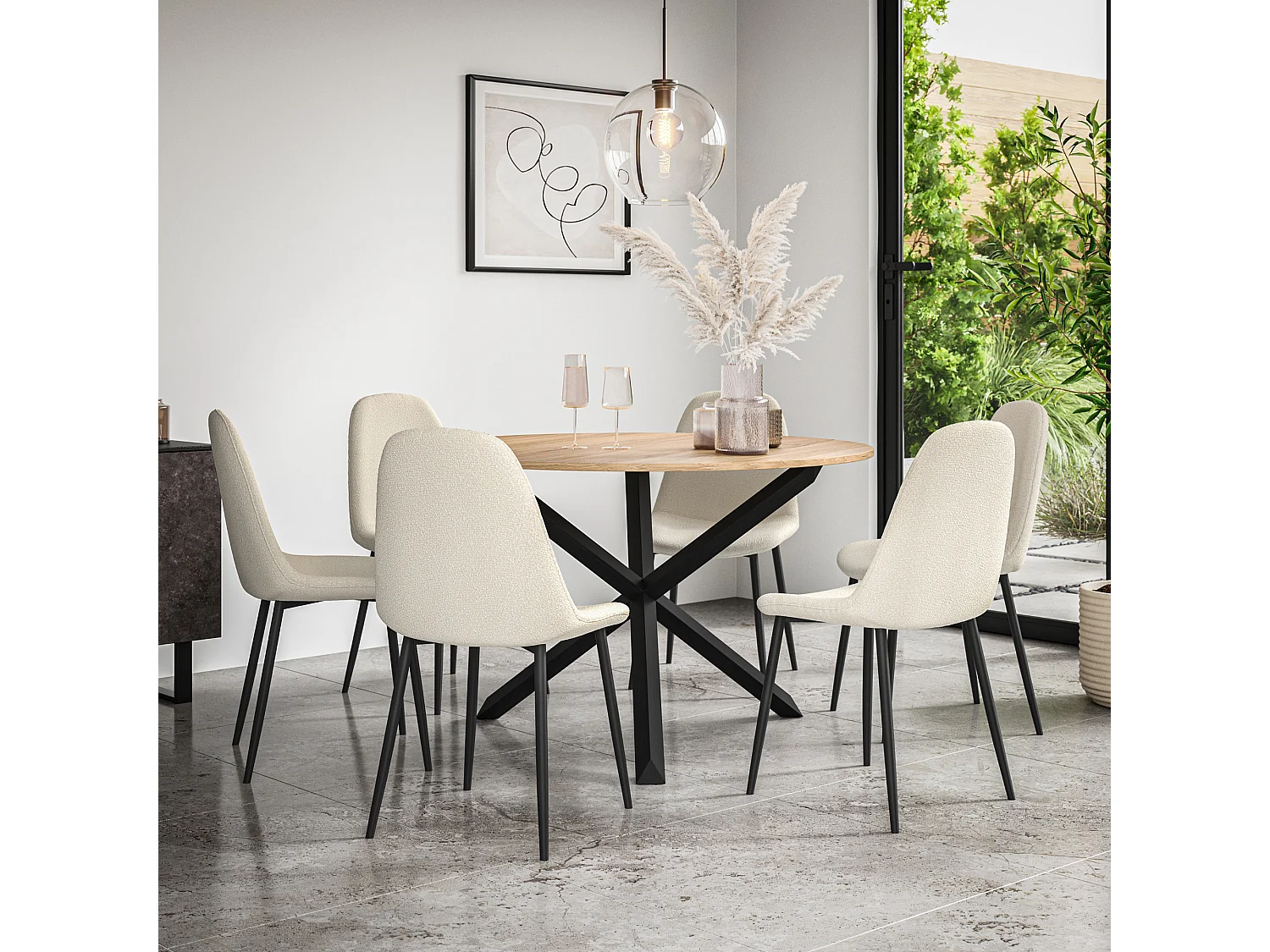 Malvern Round Dining Table And Chairs -  Oak Table Top w Solid Oak Black Legs + Maya Boucle Dining Chair Set Of 6