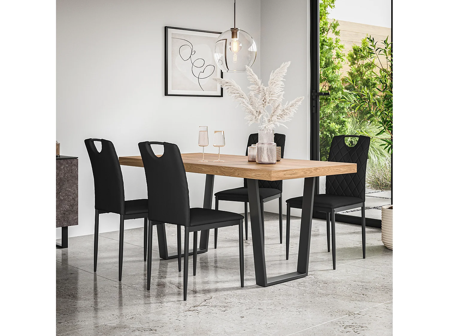 Aria Dining Table And Chairs -  Oak Effect Table Top w Black Legs + Monza Faux Leather Dining Chair Set Of 4