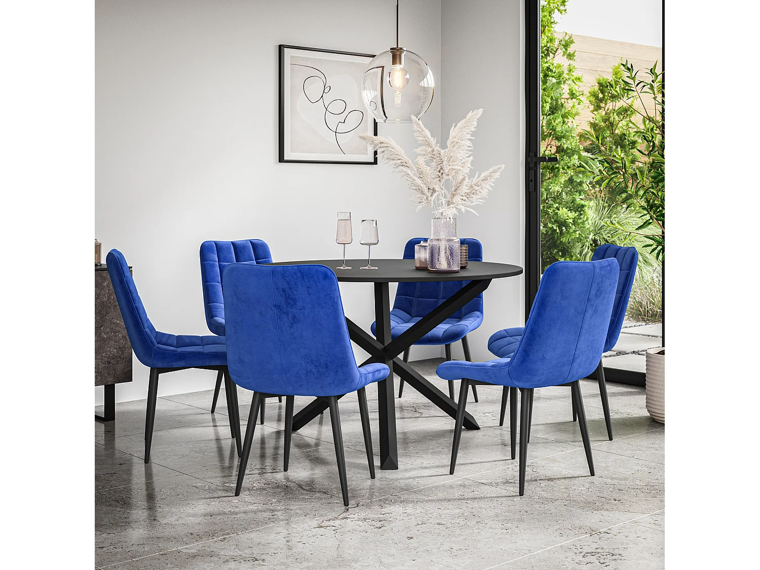 Malvern Round Dining Table And Chairs -  Black Table Top w Solid Oak Black Legs + Nova Velvet Dining Chair Set Of 6