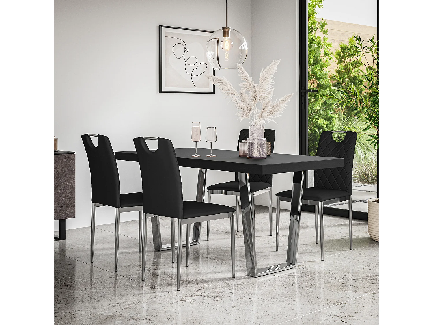 Aria Dining Table And Chairs -  Black Table Top w Chrome Legs + Monza Faux Leather Dining Chair w Chrome Legs Set Of 6