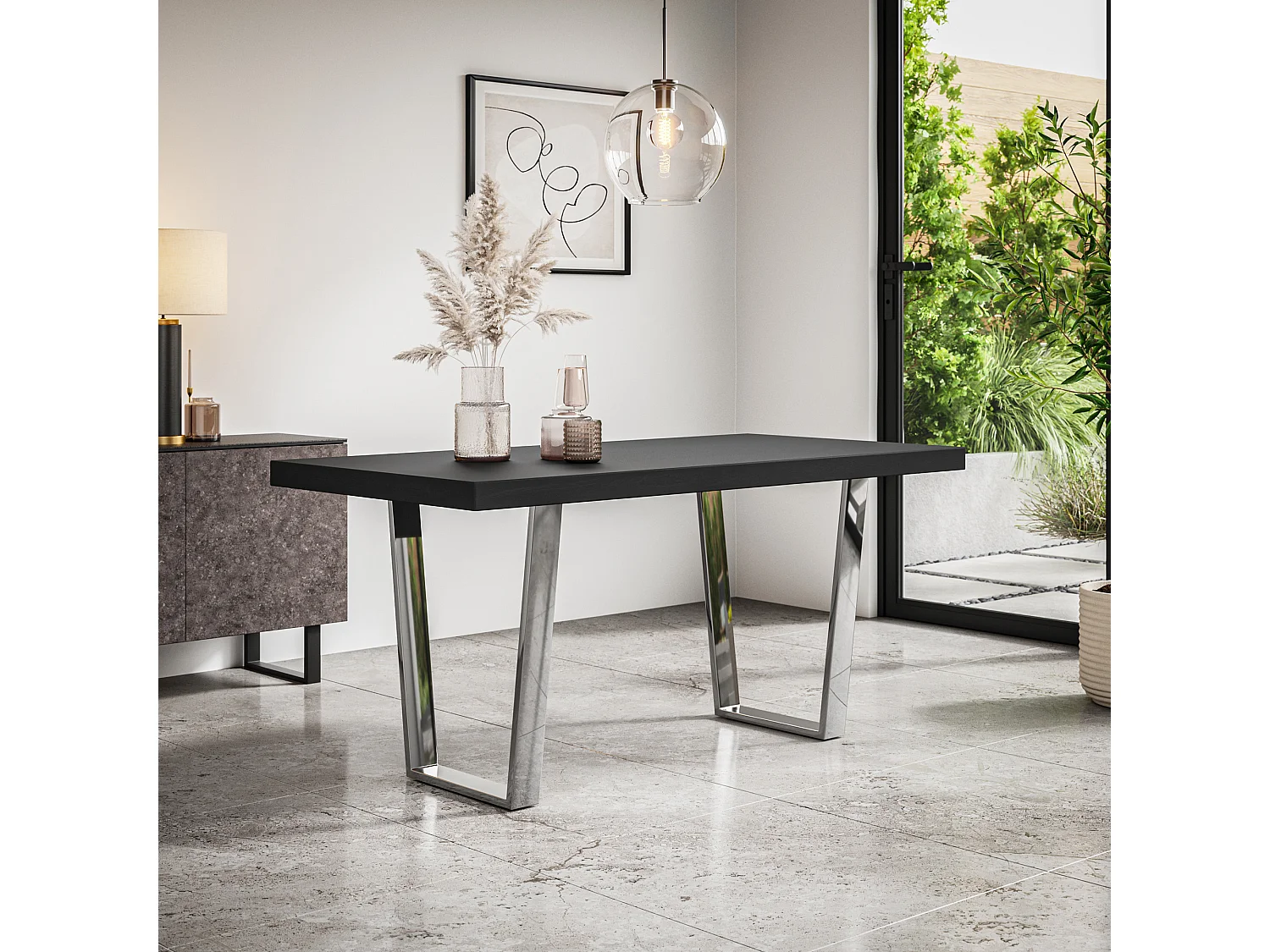 Aria Dining Table And Chairs -  Black Table Top w Chrome Legs + Monza Faux Leather Dining Chair w Chrome Legs Set Of 6