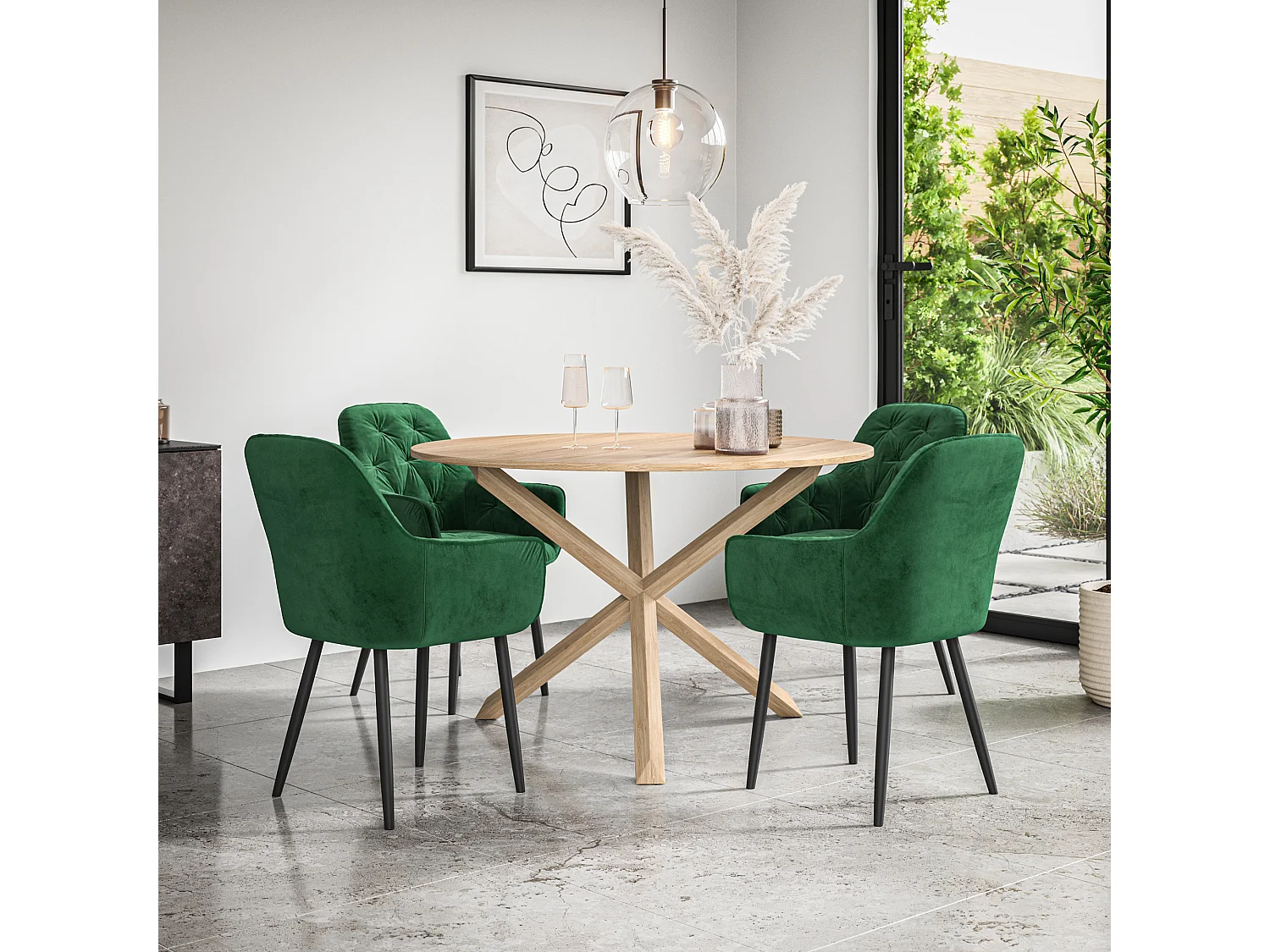Malvern Round Dining Table And Chairs -  Oak Table Top w Solid Oak Legs + Anika Velvet Dining Chair Set Of 4