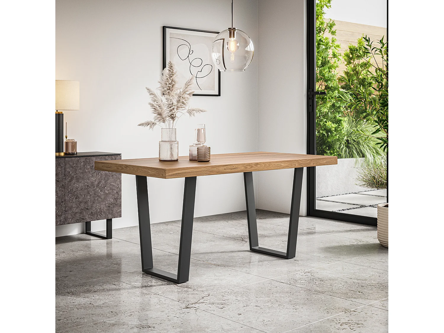 Aria Dining Table And Chairs -  Oak Effect Table Top w Black Legs + Nova Faux Leather Dining Chair Set Of 6