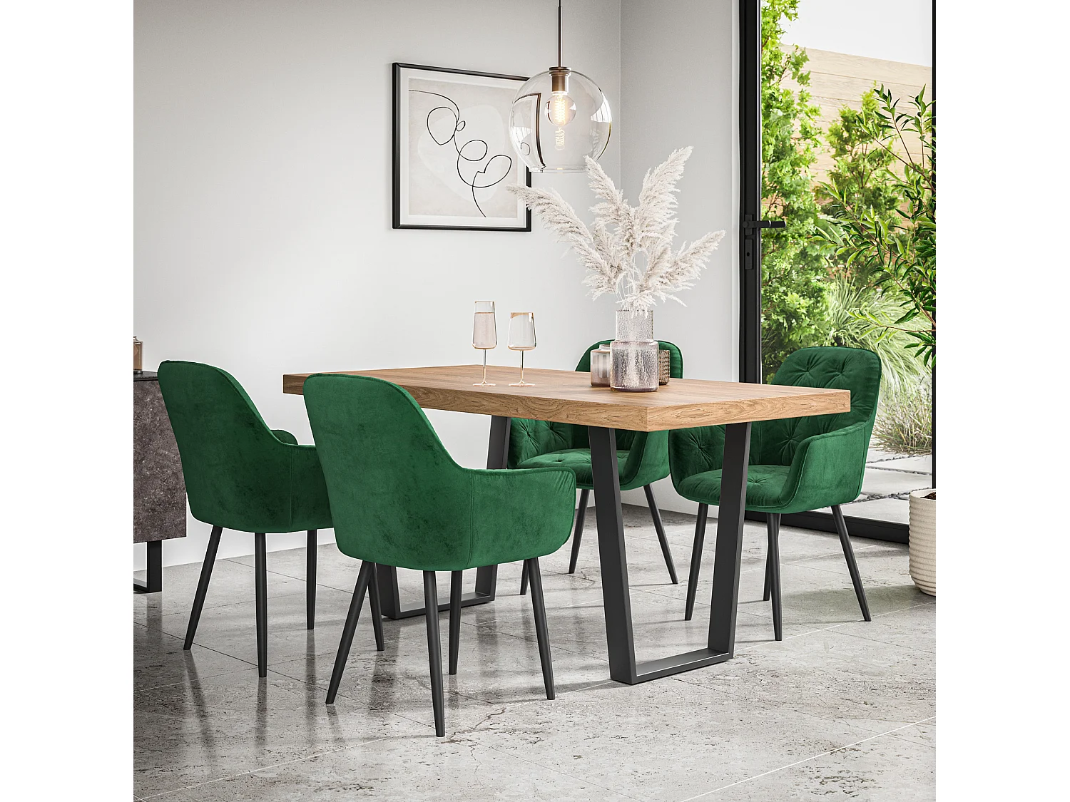 Aria Dining Table And Chairs -  Oak Effect Table Top w Black Legs + Anika Velvet Dining Chair Set Of 6