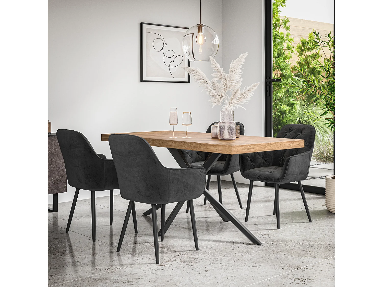 Donni Dining Table And Chairs -  Oak Effect Table Top w Black Legs + Anika Velvet Dining Chair Set Of 6