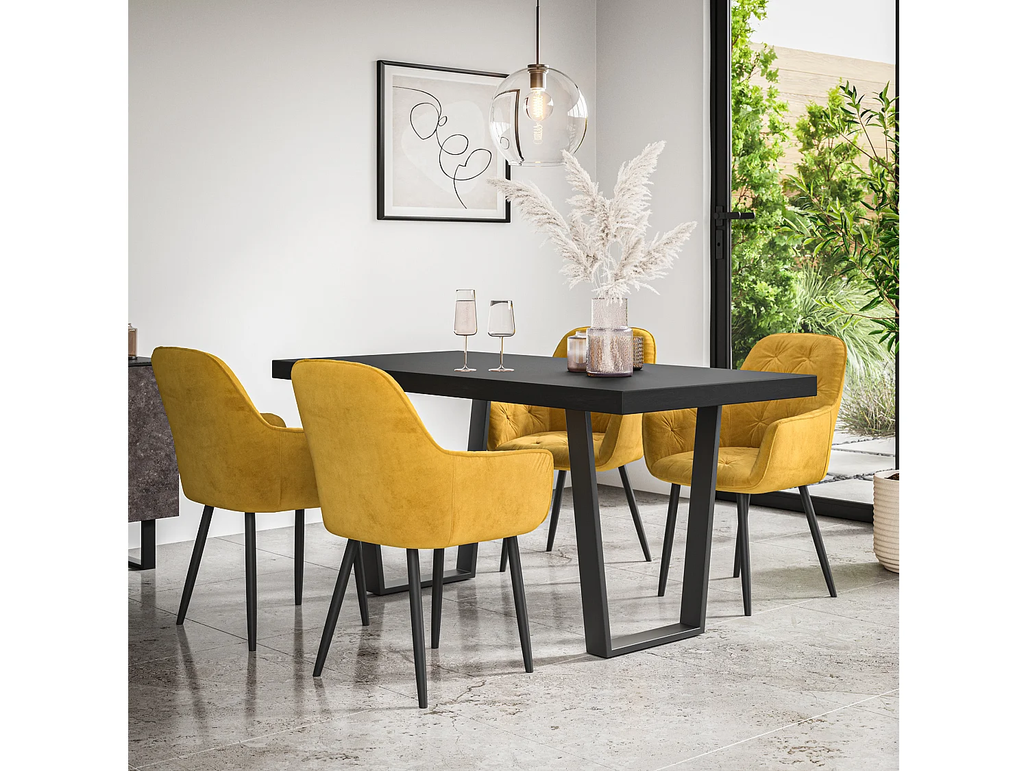 Aria Dining Table And Chairs -  Black Table Top w Black Legs + Anika Velvet Dining Chair Set Of 6