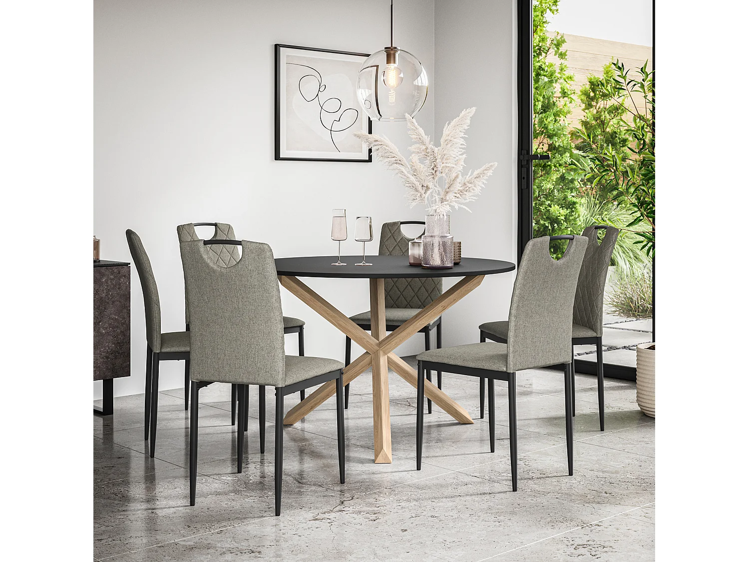 Malvern Round Dining Table And Chairs -  Black Table Top w Solid Oak Legs + Monza Fabric Dining Chair Set Of 6