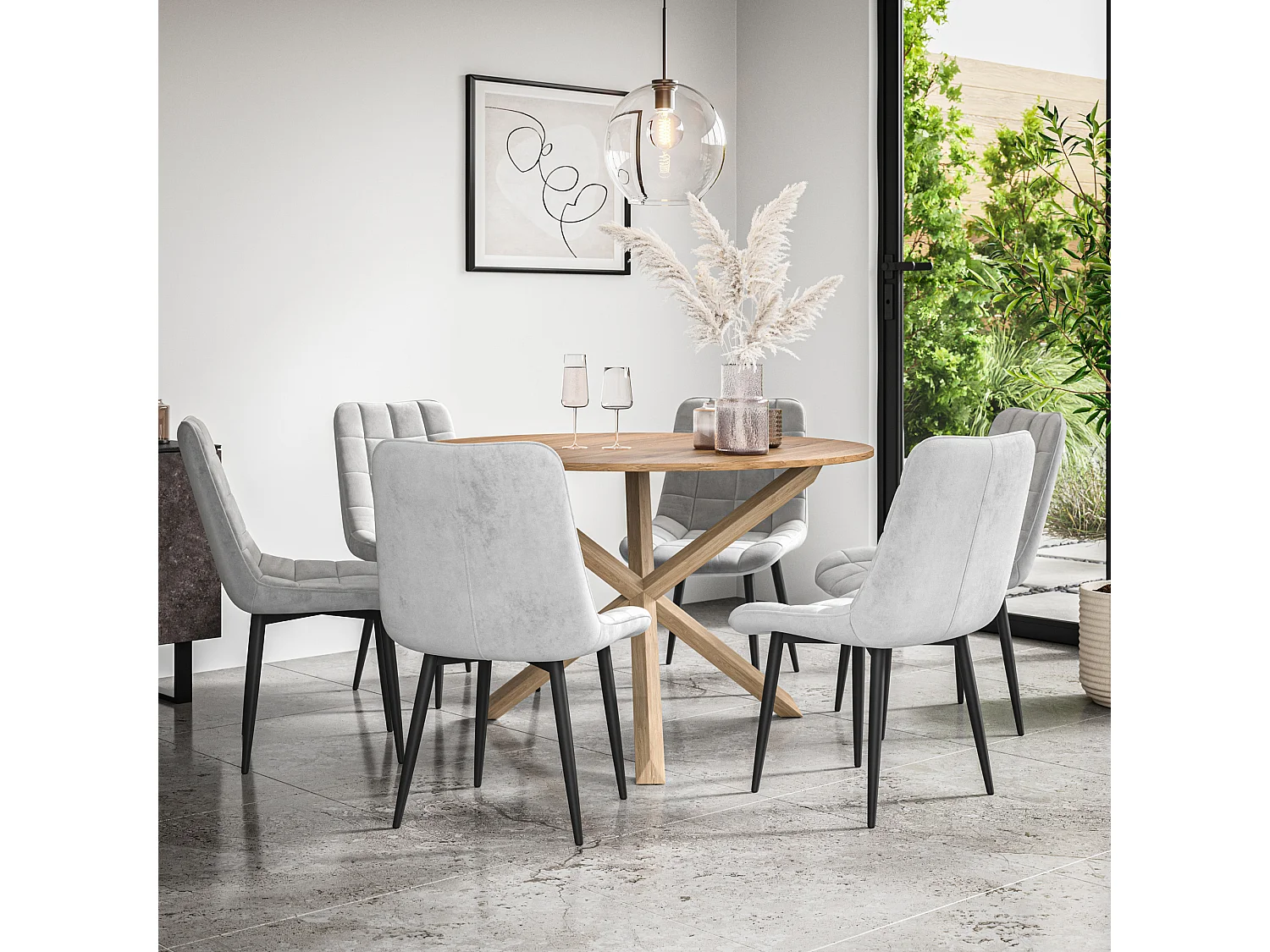 Malvern Round Dining Table And Chairs -  Oak Table Top w Solid Oak Legs + Nova Velvet Dining Chair Set Of 6