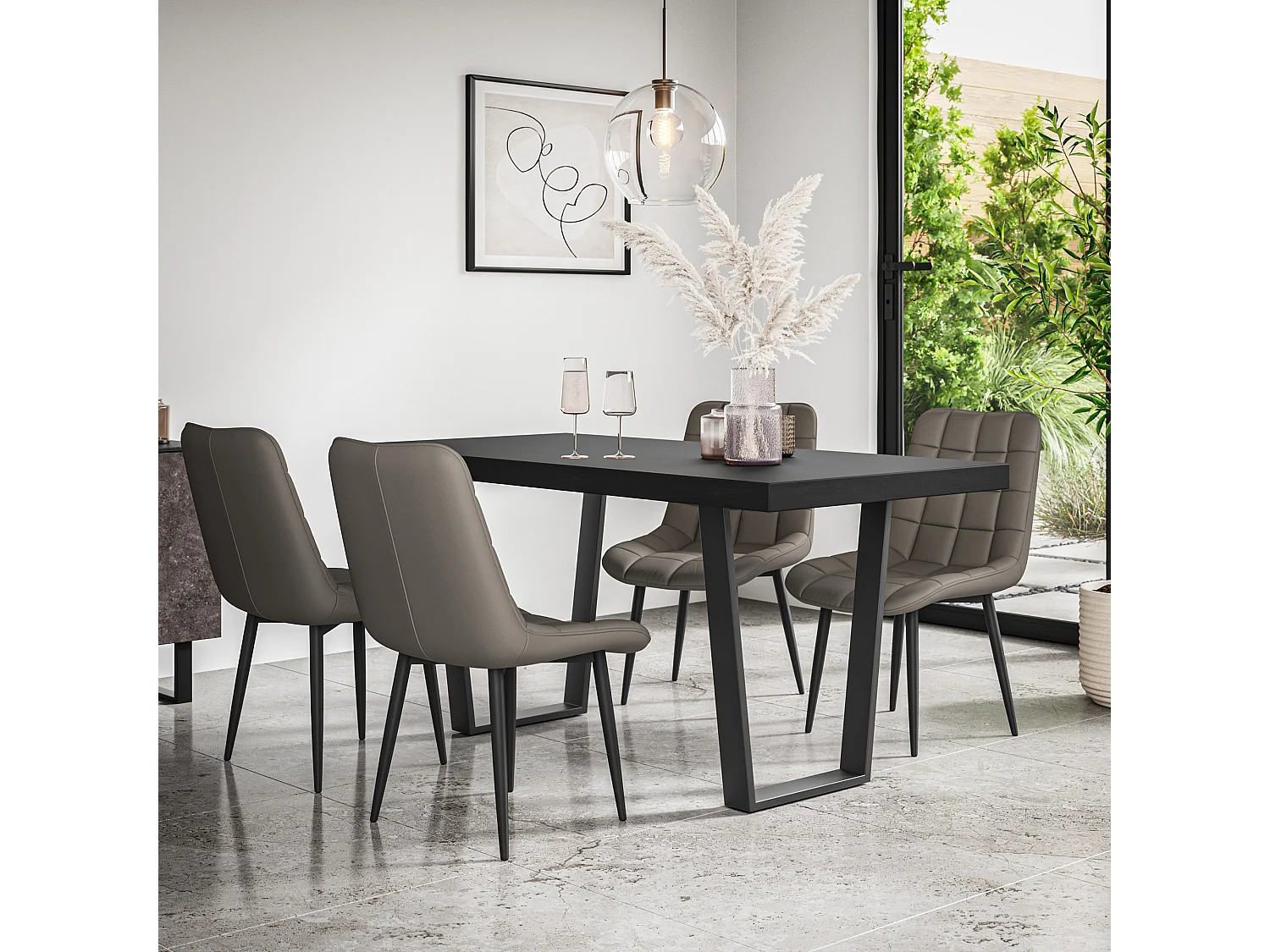 Aria Dining Table And Chairs -  Black Table Top w Black Legs + Nova Faux Leather Dining Chair Set Of 4