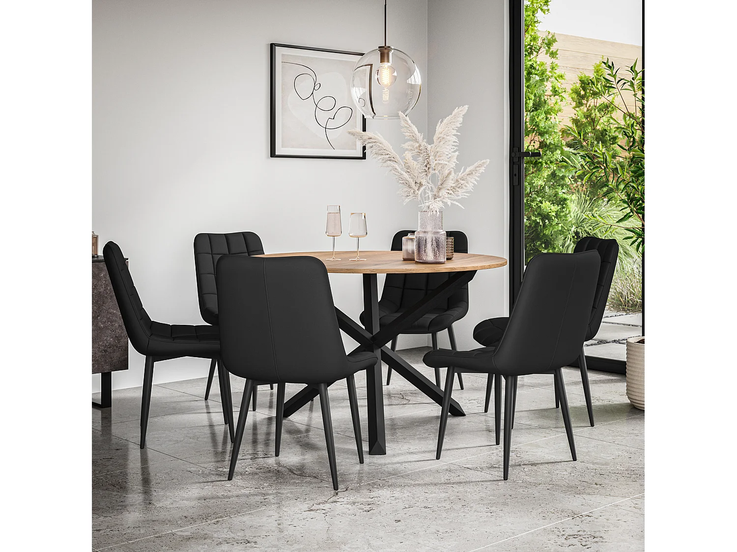 Malvern Round Dining Table And Chairs -  Oak Table Top w Solid Oak Black Legs + Nova Faux Leather Dining Chair Set Of 6