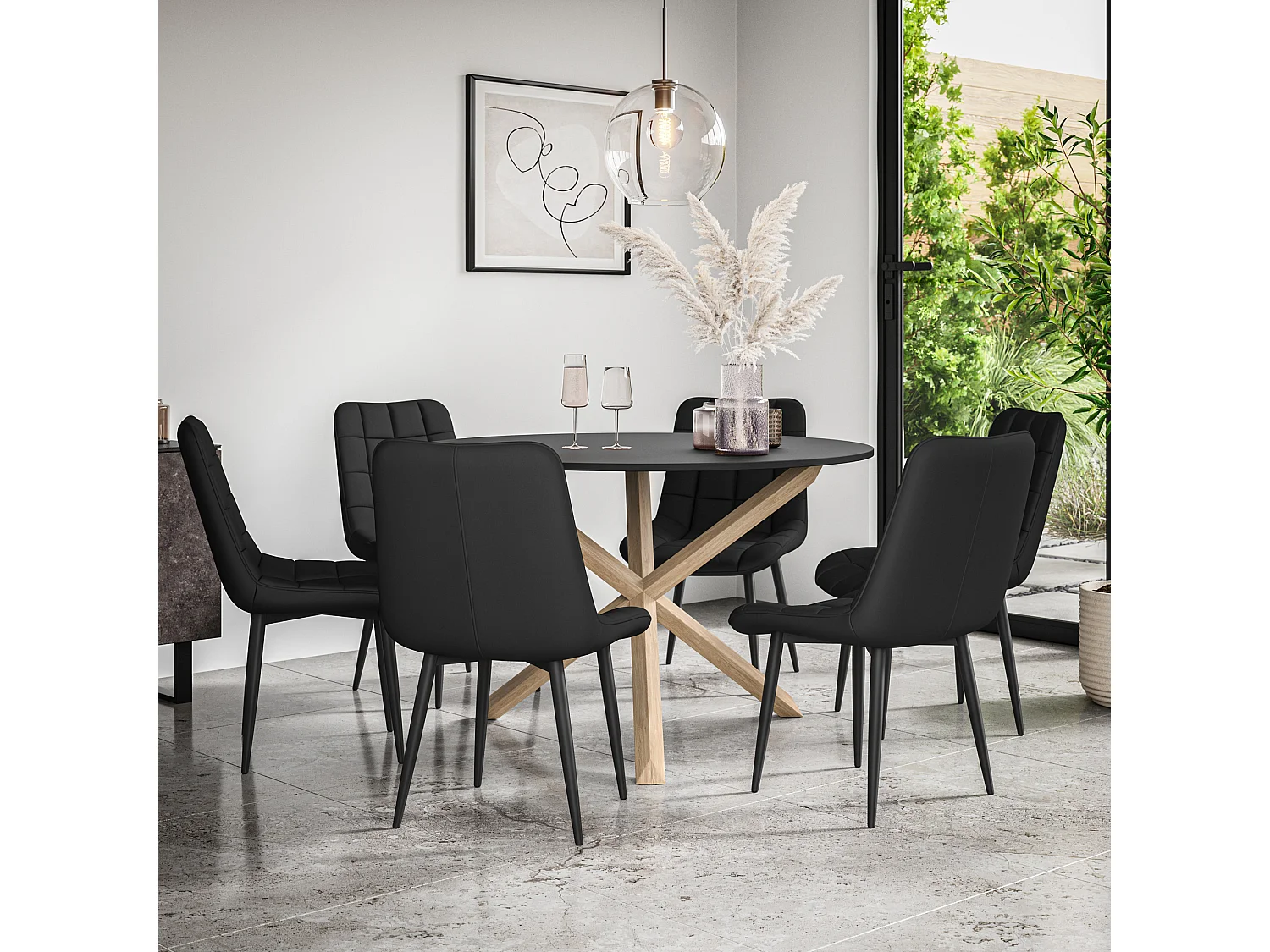 Malvern Round Dining Table And Chairs -  Black Table Top w Solid Oak Legs + Nova Faux Leather Dining Chair Set Of 6