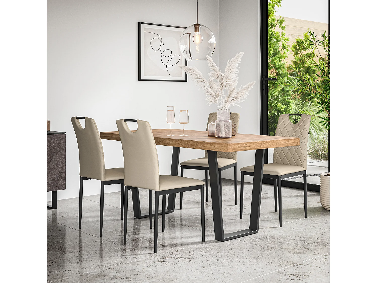 Aria Dining Table And Chairs -  Oak Effect Table Top w Black Legs + Monza Faux Leather Dining Chair Set Of 6