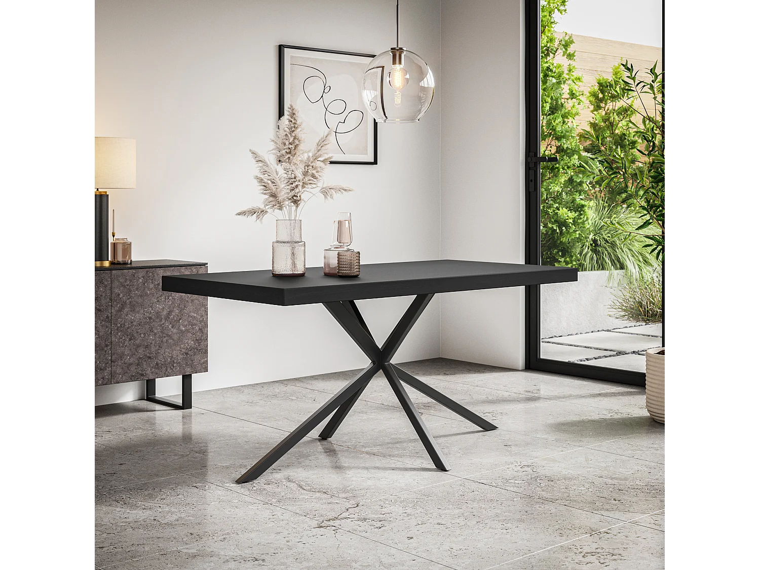 Donni Dining Table And Chairs -  Black Table Top w Black Legs + Nova Faux Leather Dining Chair Set Of 6
