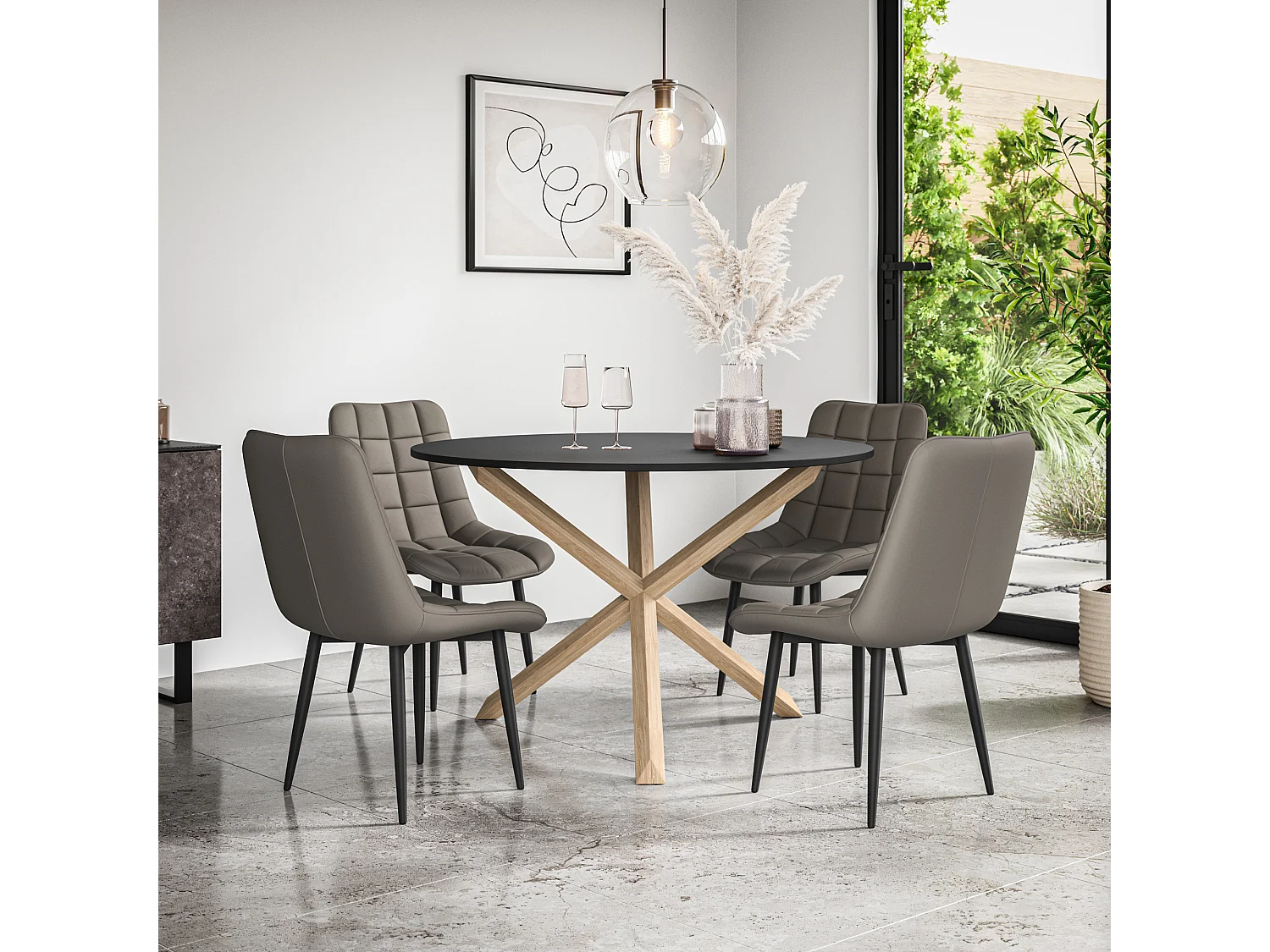 Malvern Round Dining Table And Chairs -  Black Table Top w Solid Oak Legs + Nova Faux Leather Dining Chair Set Of 4