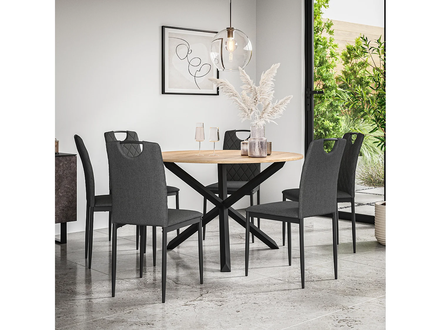 Malvern Round Dining Table And Chairs -  Oak Table Top w Solid Oak Black Legs + Monza Fabric Dining Chair Set Of 6