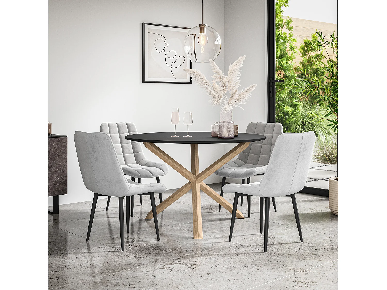 Malvern Round Dining Table And Chairs -  Black Table Top w Solid Oak Legs + Nova Velvet Dining Chair Set Of 4