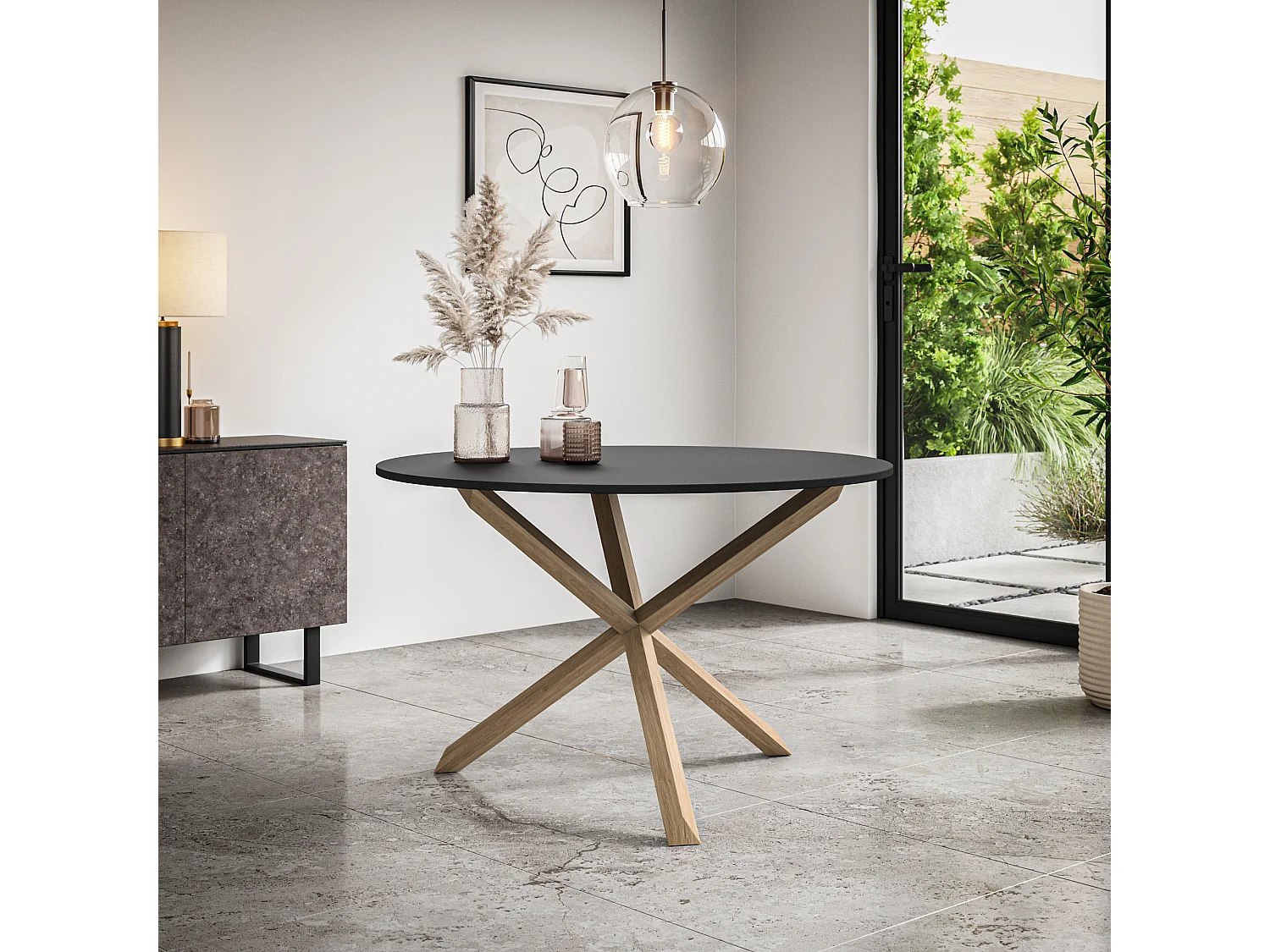 Malvern Round Dining Table And Chairs -  Black Table Top w Solid Oak Legs + Nova Velvet Dining Chair Set Of 4