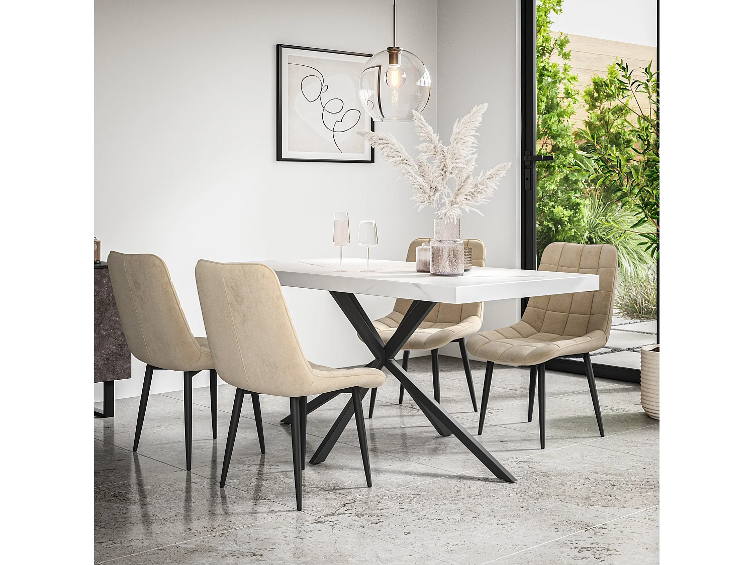 Donni Dining Table And Chairs -  White Marble Effect Table Top w Black Legs + Nova Velvet Dining Chair Set Of 6