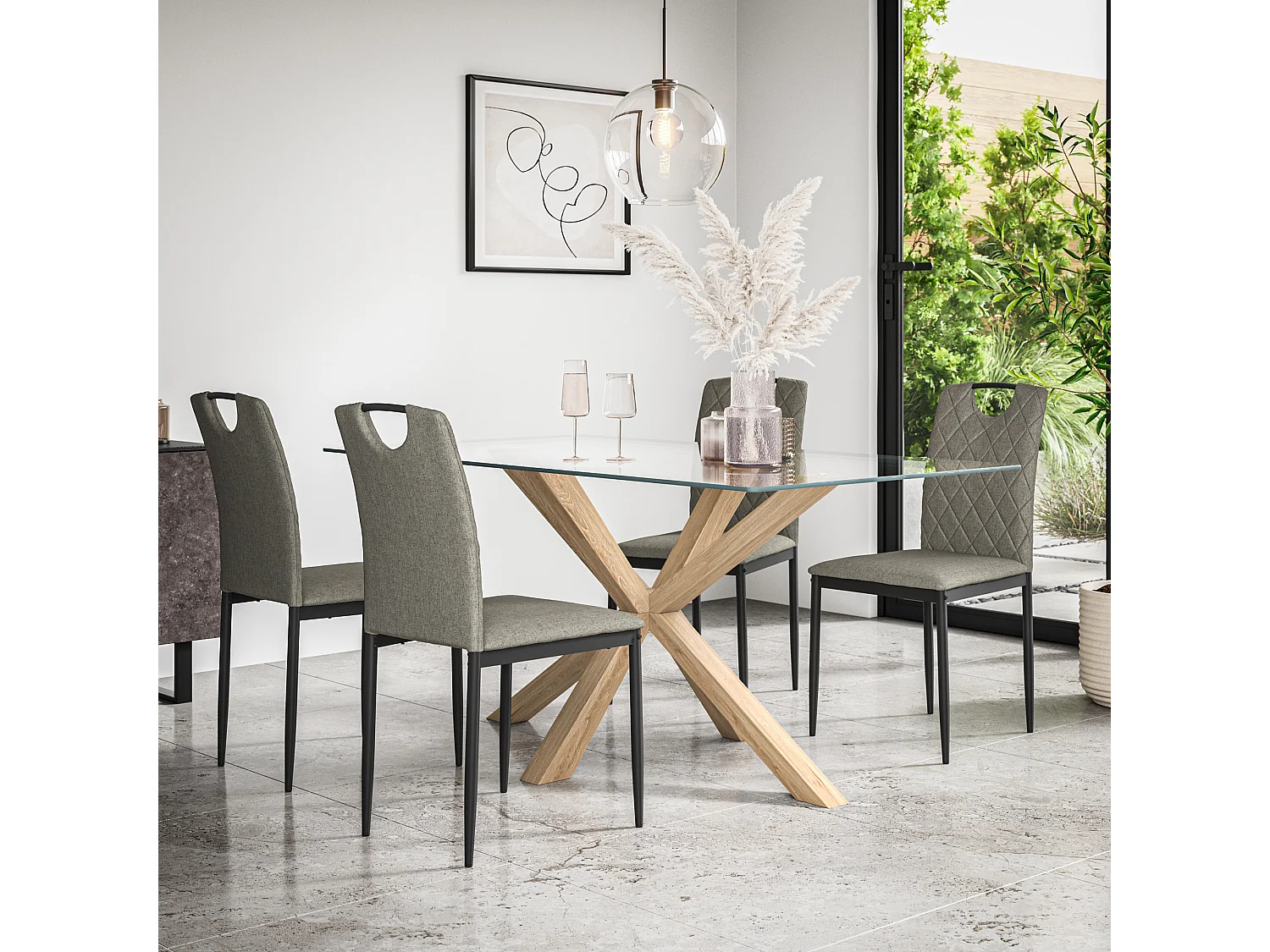Etta Glass Dining Table And Chairs - Glass Top w Solid Oak Legs + Monza Fabric Dining Chair Set Of 4