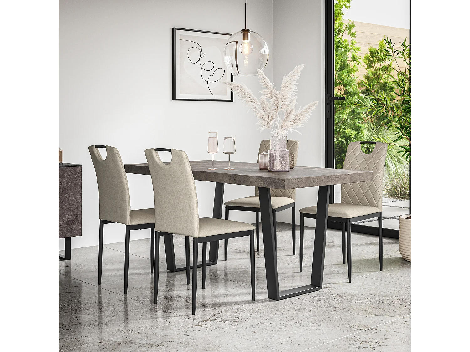 Aria Dining Table And Chairs -  Concrete Effect Table Top w Black Legs + Monza Linen Dining Chair Set Of 6