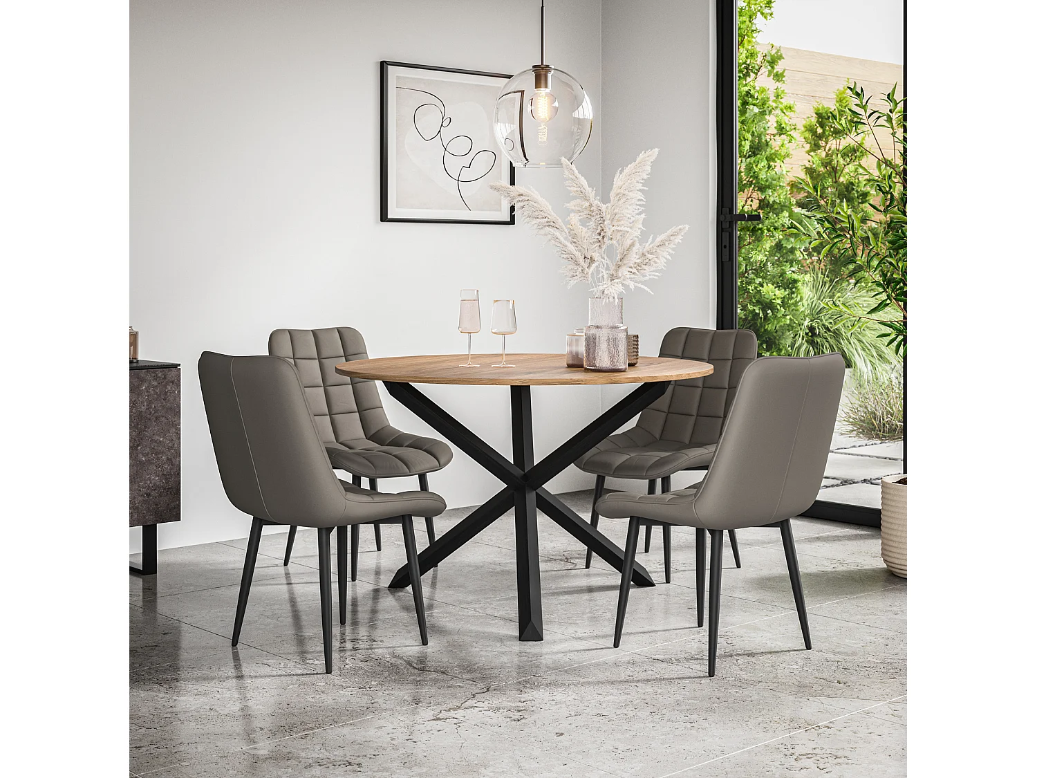 Malvern Round Dining Table And Chairs -  Oak Table Top w Solid Oak Black Legs + Nova Faux Leather Dining Chair Set Of 4