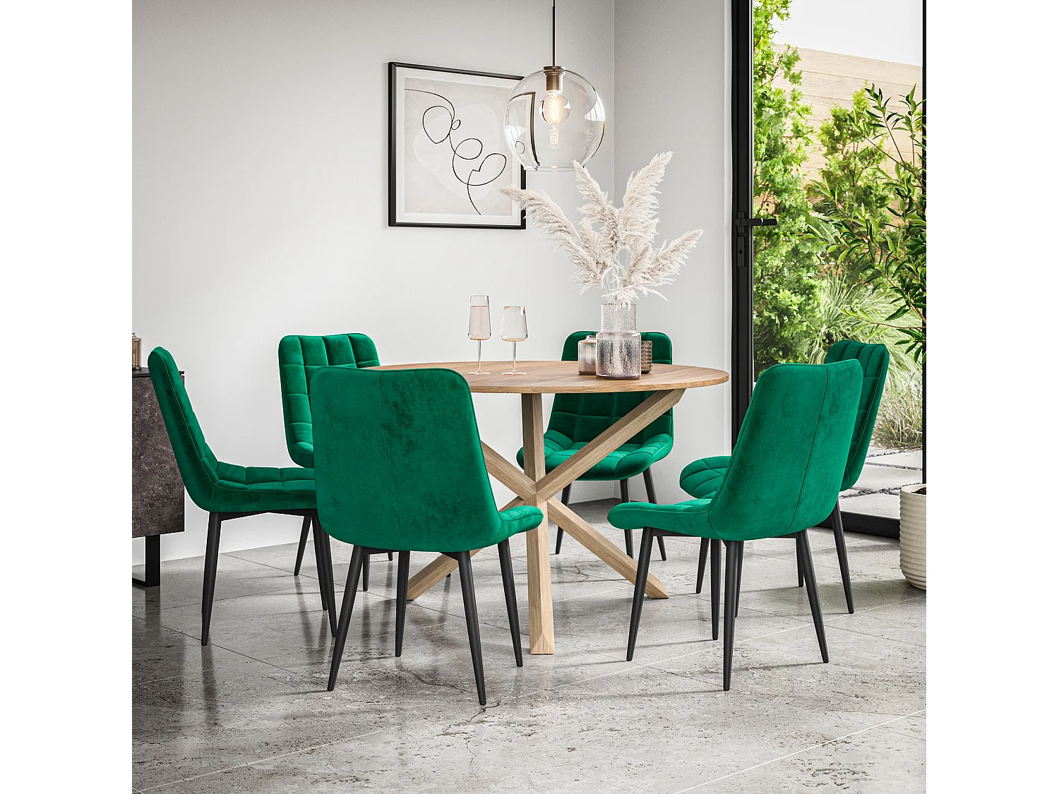 Malvern Round Dining Table And Chairs -  Oak Table Top w Solid Oak Legs + Nova Velvet Dining Chair Set Of 6