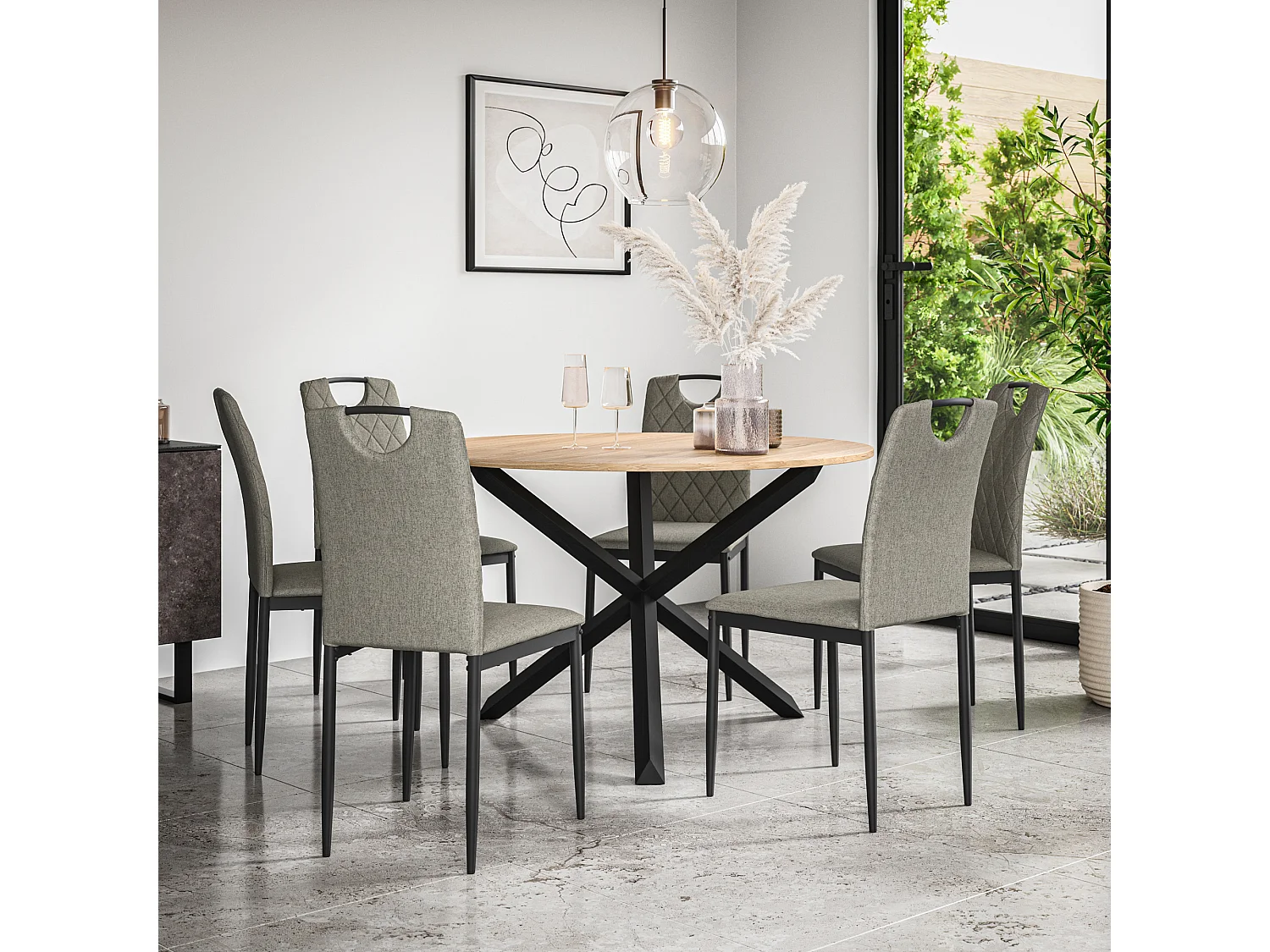 Malvern Round Dining Table And Chairs -  Oak Table Top w Solid Oak Black Legs + Monza Fabric Dining Chair Set Of 6