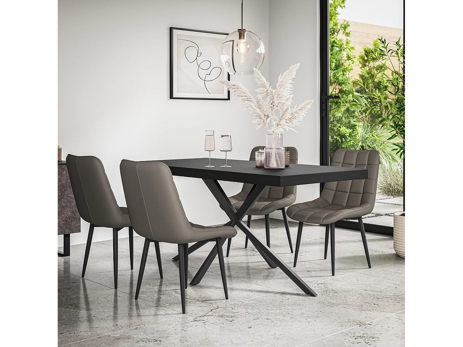 Donni Dining Table And Chairs -  Black Table Top w Black Legs + Nova Faux Leather Dining Chair Set Of 4