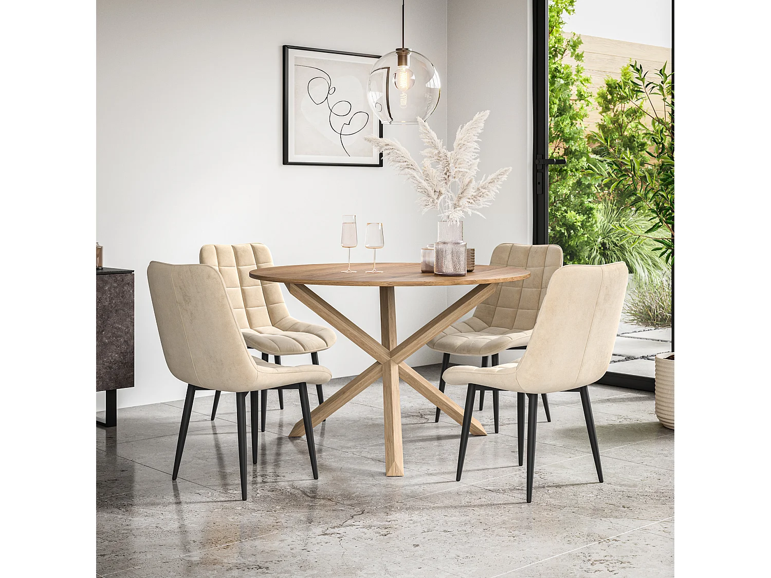 Malvern Round Dining Table And Chairs -  Oak Table Top w Solid Oak Legs + Nova Velvet Dining Chair Set Of 4