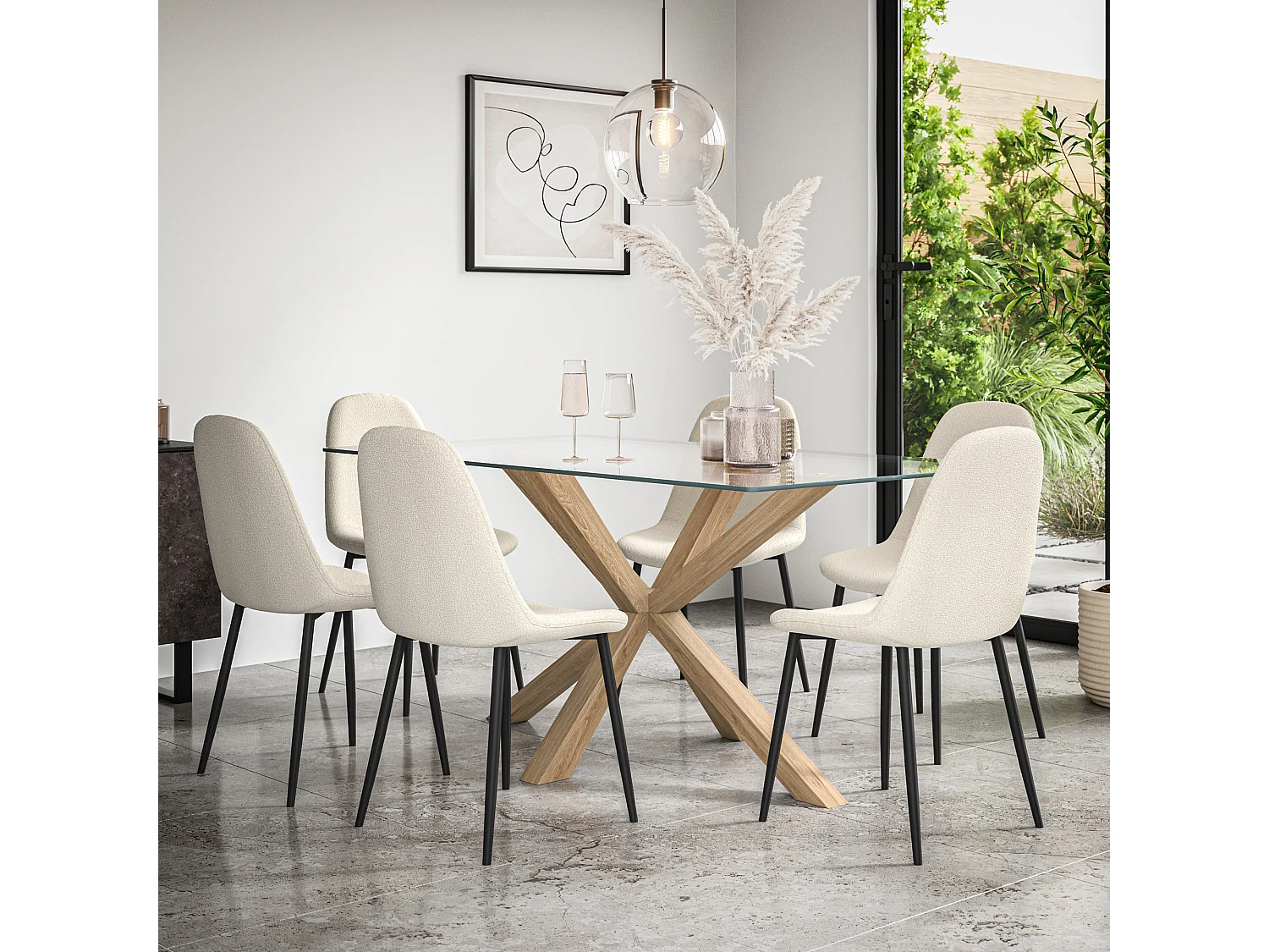 Etta Glass Dining Table And Chairs - Glass Top w Solid Oak Legs + Maya Boucle Dining Chair Set Of 6