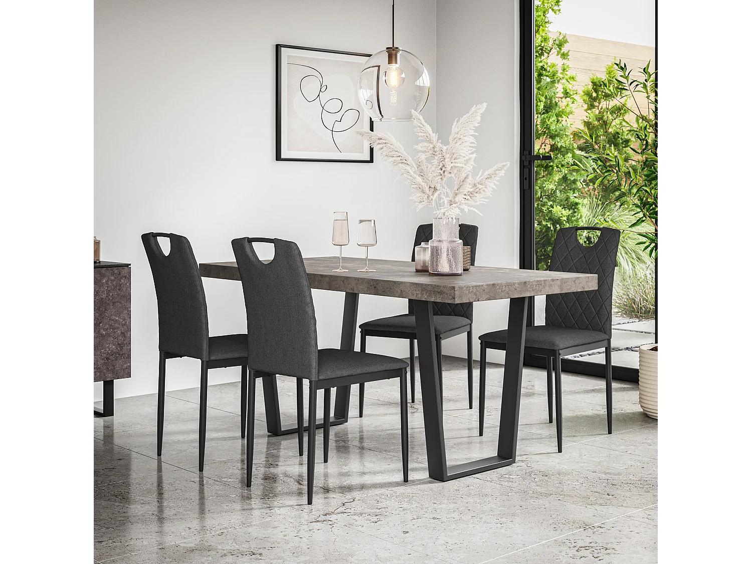 Aria Dining Table And Chairs -  Concrete Effect Table Top w Black Legs + Monza Linen Dining Chair Set Of 6