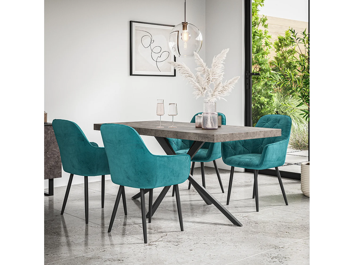 Donni Dining Table And Chairs -  Concrete Effect Table Top w Black Legs + Anika Velvet Dining Chair Set Of 6