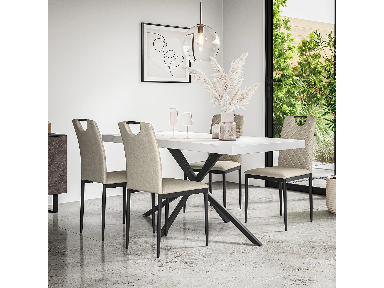 Donni Dining Table And Chairs -  White Marble Effect Table Top w Black Legs + Monza Linen Dining Chair Set Of 6