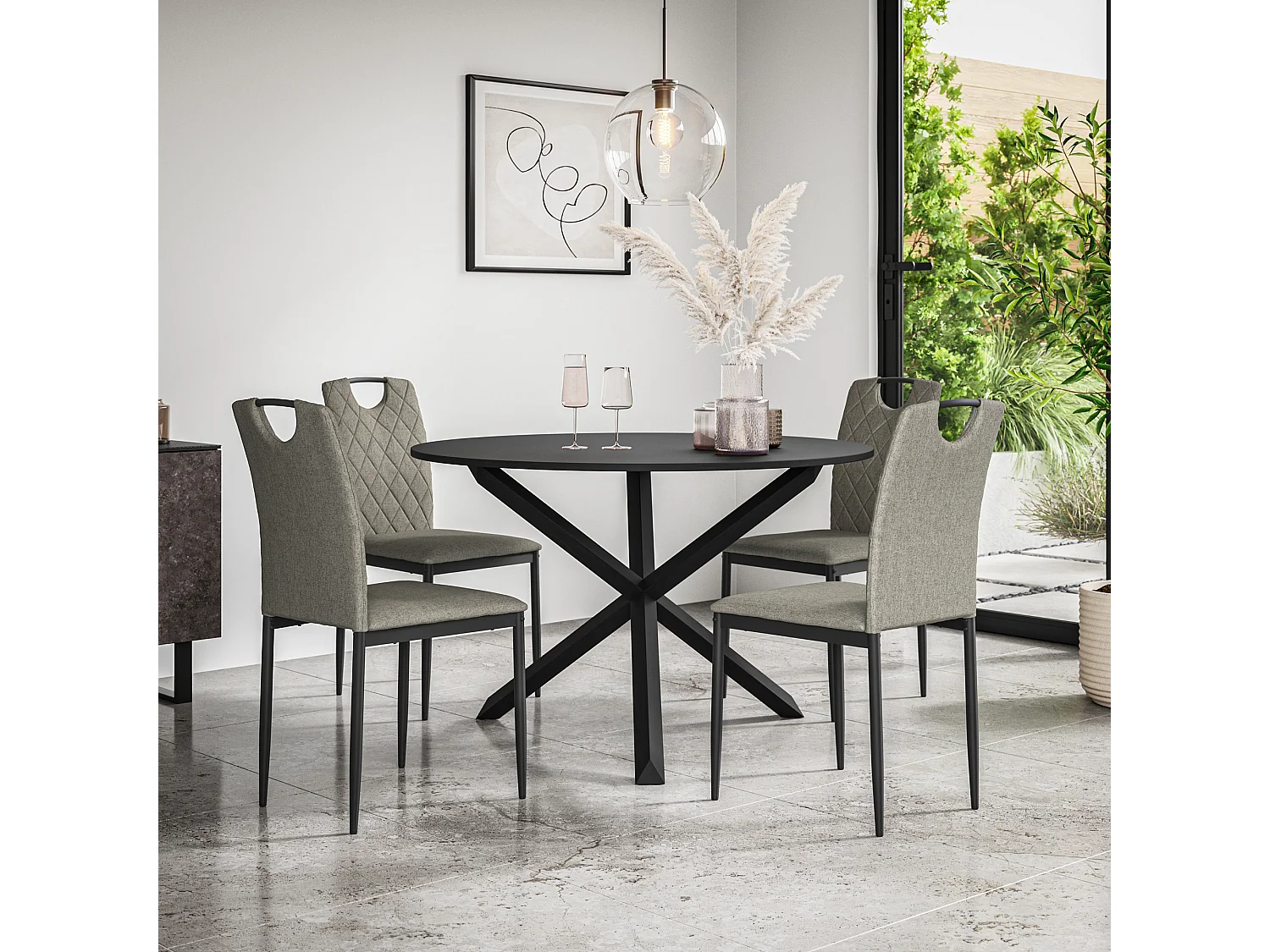 Malvern Round Dining Table And Chairs -  Black Table Top w Solid Oak Black Legs + Monza Fabric Dining Chair Set Of 4