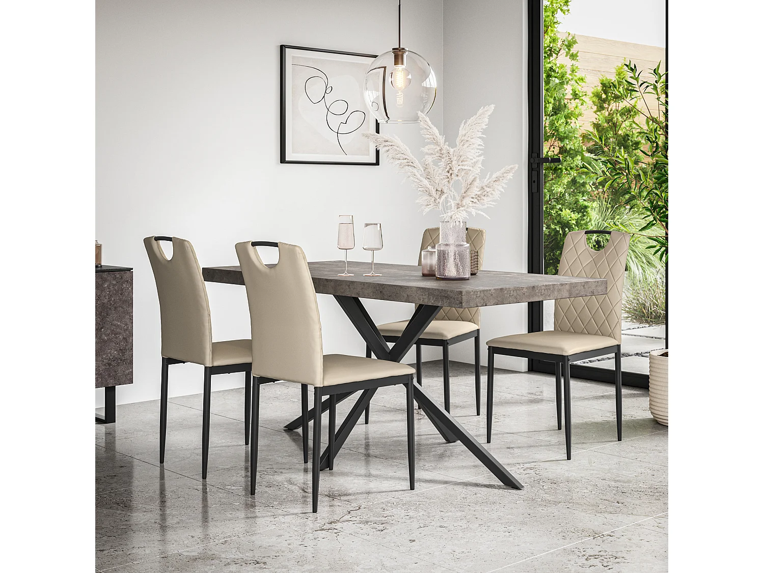 Donni Dining Table And Chairs -  Concrete Effect Table Top w Black Legs + Monza Faux Leather Dining Chair Set Of 6