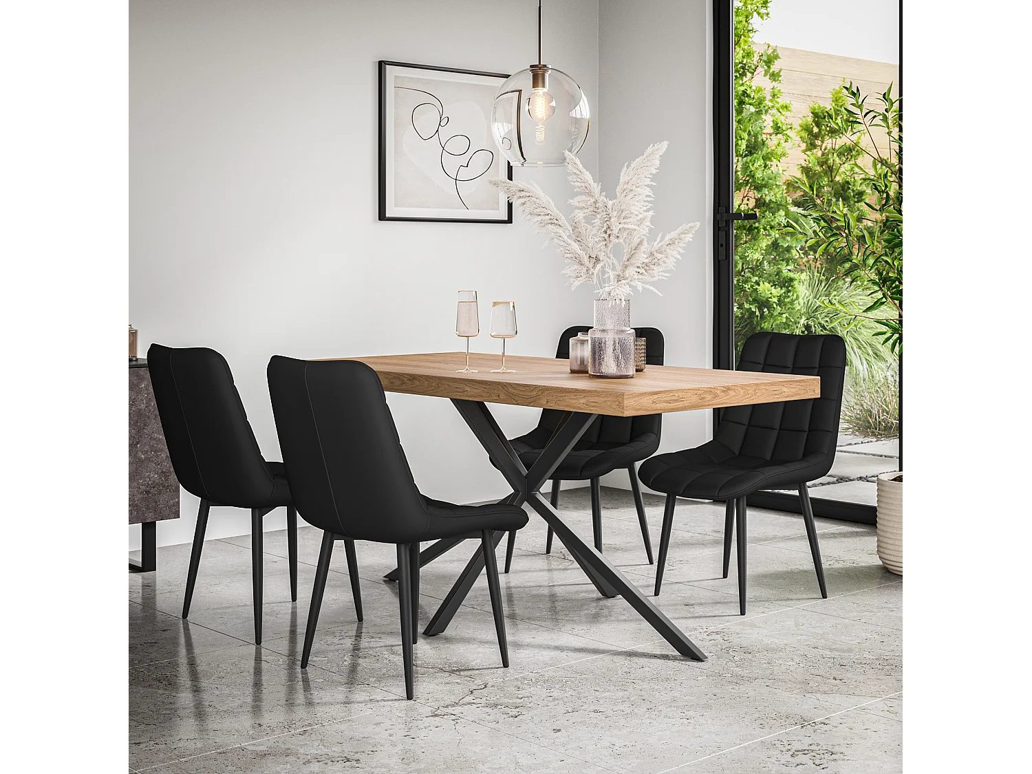 Donni Dining Table And Chairs -  Oak Effect Table Top w Black Legs + Nova Faux Leather Dining Chair Set Of 6