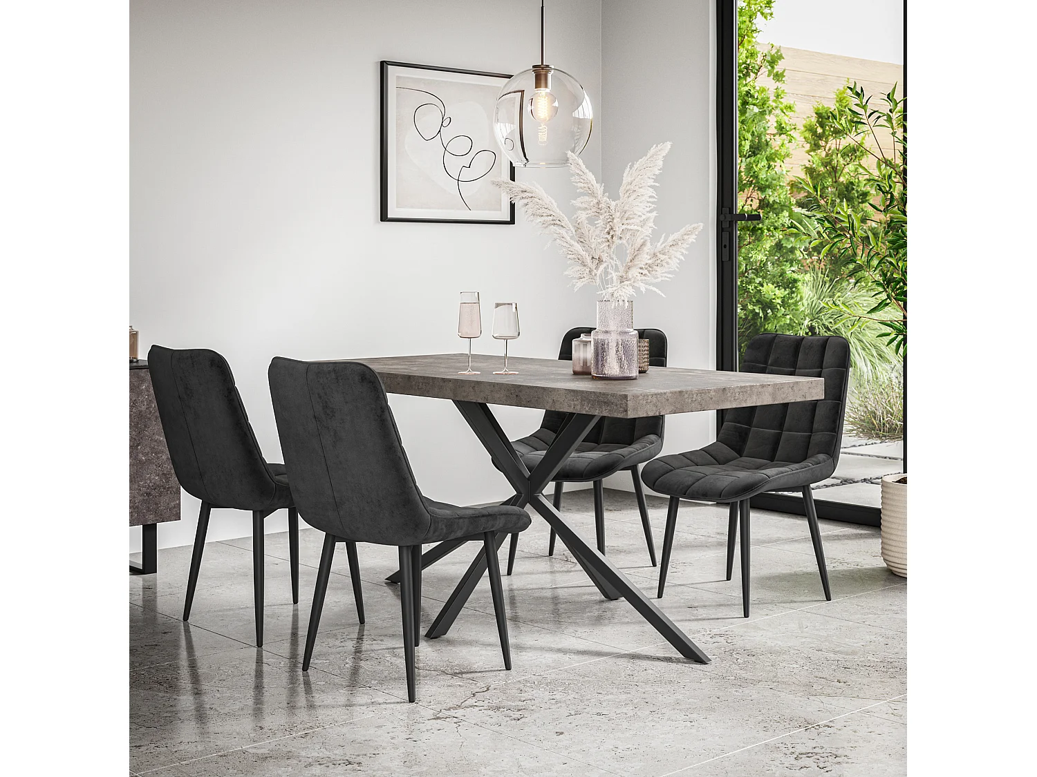 Donni Dining Table And Chairs -  Concrete Effect Table Top w Black Legs + Nova Velvet Dining Chair Set Of 4