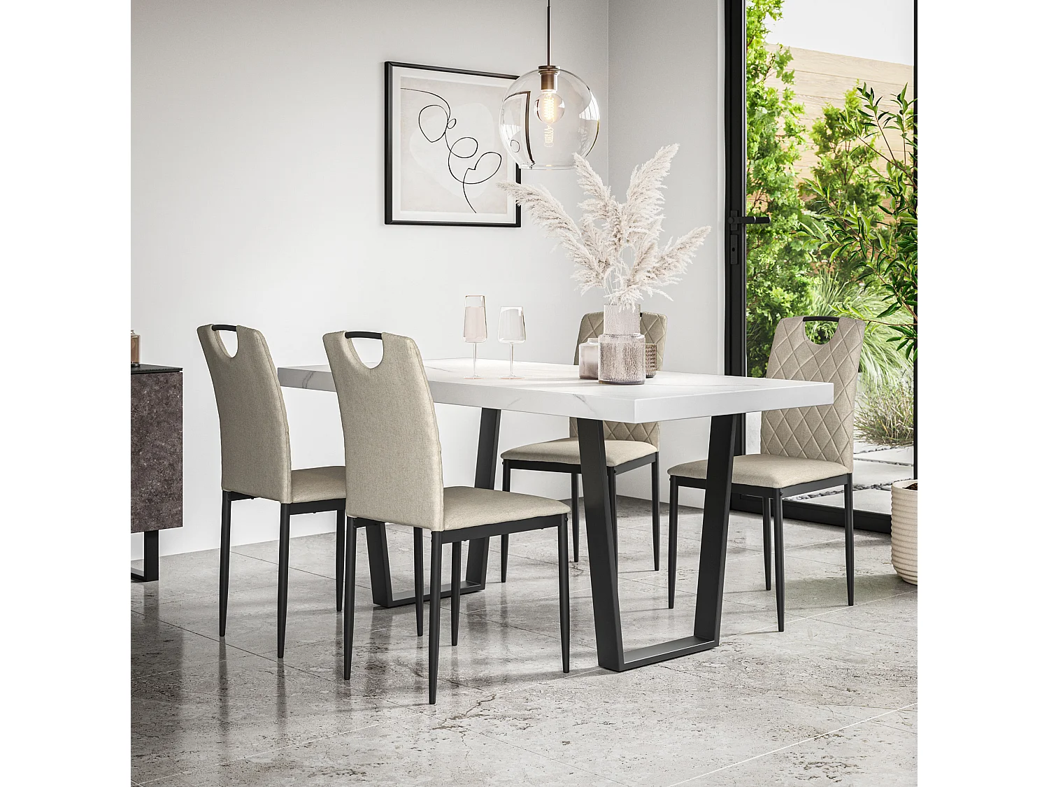 Aria Dining Table And Chairs -  White Marble Effect Table Top w Black Legs + Monza Linen Dining Chair Set Of 6