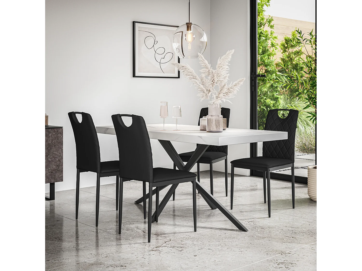 Donni Dining Table And Chairs -  White Marble Effect Table Top w Black Legs + Monza Faux Leather Dining Chair Set Of 6